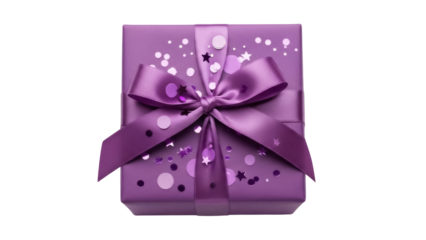Purple gift box with ribbon and polka dots isolated PNG, present for birthday or special occasion on transparent background
