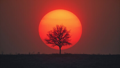 Fototapeta premium Bare Tree Silhouetted Against Orange Sun