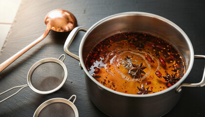 Chili Oil Infusion Simmering with Flakes and Star Anise on Slate Countertop