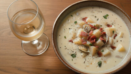 Creamy Clam Chowder with Black Pepper and Parsley in Rustic Bowl