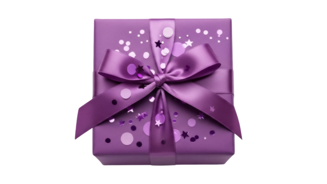 Purple gift box with ribbon and polka dots isolated PNG, present for birthday or special occasion on transparent background - Powered by Adobe