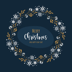 Winter wreath with snowflakes and branches. Elegant illustration. Winter background. Cartoon retro style. Decorative season symbol.