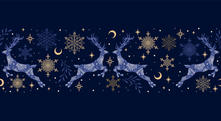 Christmas seamless border with deers and snowflakes on blue background. Vector  illustration