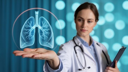 Female medical professional displays holographic projection of human respiratory organs over her outstretched palm