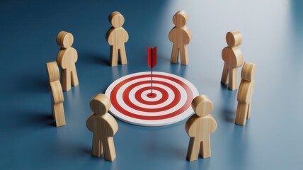 Wooden figures surround a centralized target with an arrow hitting the bullseye