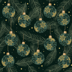 Festive pattern with christmas balls, herbs on green background. Gold colors. Perfect for holiday invitations, winter greeting cards, wallpaper