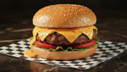Mouthwatering Cheeseburger with Dripping Cheese on Checkered Parchment