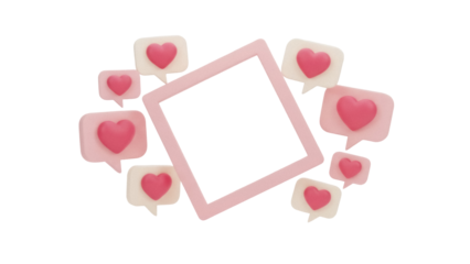 Pink frame surrounded by heart speech bubbles isolated PNG, love and social media concept on transparent background