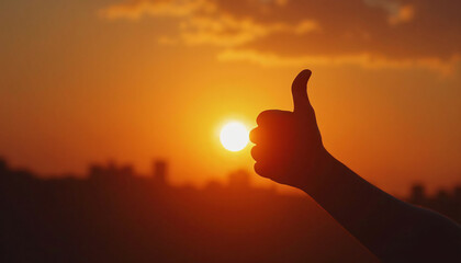 Silhouetted hand with thumbs-up against sunset and cityscape