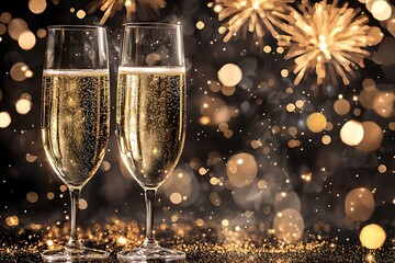Two Glasses of Champagne with Blurry Golden Lights and Fireworks Image
