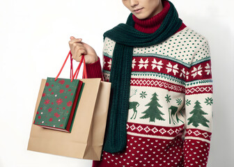 Merry Christmas shopping moment,  festive sweater,  holiday gift bags. Red snowflake and tree patterns evoke seasonal fashion, celebration, and retail spirit. chrismas promotional picture.
