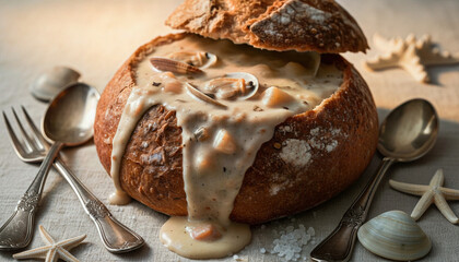 Delicious Clam Chowder Served in Sourdough Bread Bowl with Rustic Sea Elements