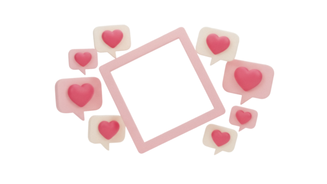 Pink frame surrounded by heart speech bubbles isolated PNG, love and social media concept on transparent background