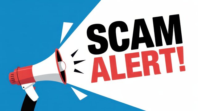 Loud announcement graphic conveys urgent warning about fraudulent activity using a megaphone