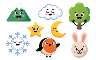 Naklejka premium Cute Cartoon Nature Elements with Happy Faces