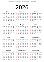 2026 spanish calendar. Week starts Sunday. png transparent illustration. Spain - calendario espanol
