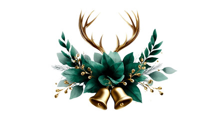 Golden deer antlers, green leaves, a flower, and golden bells on a transparent background. New Year, Christmas, decor, and winter holidays.
