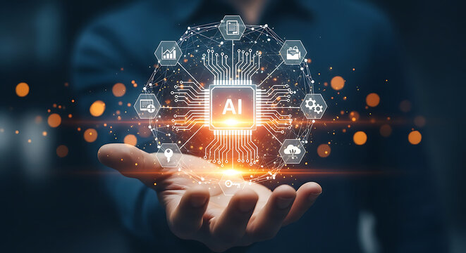 A person's hand holding a glowing AI circuit board, symbolizing technology.
