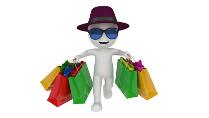 Happy 3D stick figure with shopping bags PNG isolated on transparent background, consumerism and retail therapy concept