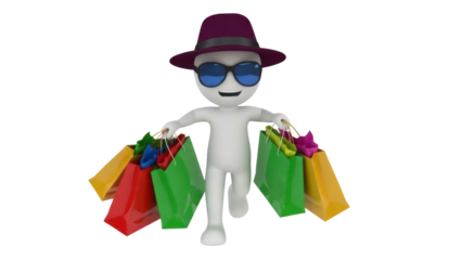 Happy 3D stick figure with shopping bags PNG isolated on transparent background, consumerism and retail therapy concept