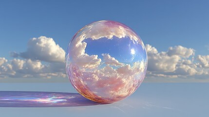 Dreamy Cloudscape Reflection in Glass Sphere on White Surface
