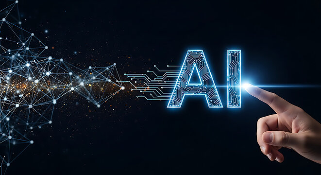 A hand touching a glowing AI text, connected to a network of digital nodes.