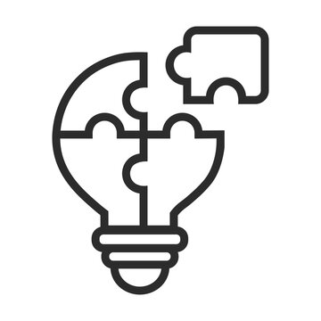 Line art icon of a light bulb made of puzzle pieces with one piece missing, symbolizing idea generation, problem solving, and innovation
