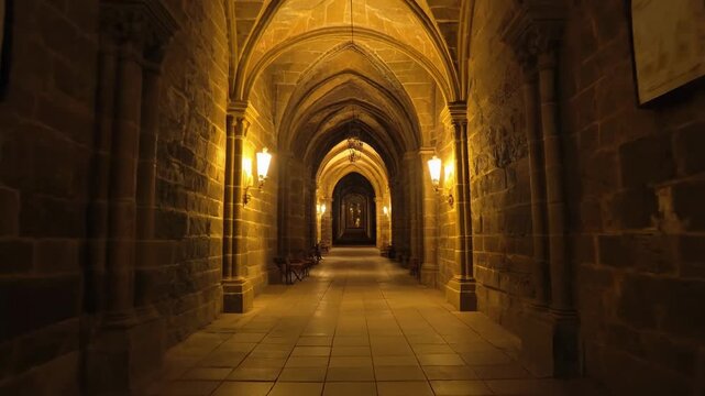 Ancient Gothic Stone Archway Corridor with Ornate Vaulted Ceilings and Warm Interior Lighting Creating a Mysterious and Historic Ambiance