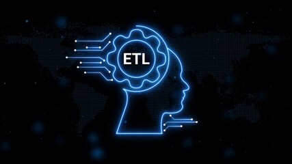 Neon blue outline of a human head with a gear inside containing the text ETL and connected by circuits against a dark digital world map background - Powered by Adobe