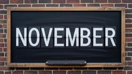 Flip clock display clearly shows the eleventh month written against a dark background mounted on a brick wall