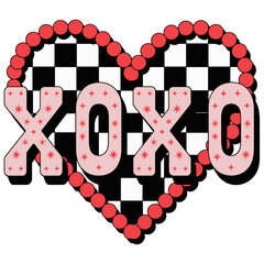 Whimsical XOXO heart with checkerboard pattern and red beaded border for Valentine's Day designs, perfect for cards, gifts, and social media graphics