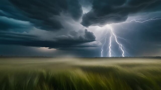Close-up of storm clouds churning with electricity, thunder rumbling and bright lightning burst