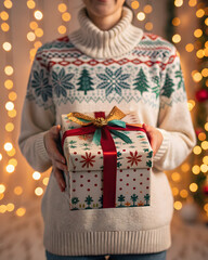 Merry Christmas gift-giving moment,  hands holding festive wrapped present in cozy holiday sweater. Red snowflake,  green tree patterned, wrapping paper, chrismas related backgroun. Warm glowing light