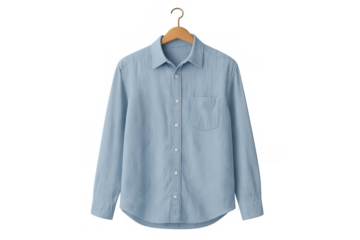 Light blue long sleeve button down cotton shirt hanging on a wooden hanger, casual menswear apparel on transparent background