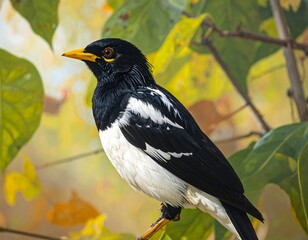 Elegant black and white Myna bird perched on a branch amidst vibrant foliage