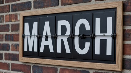 Obraz premium Flip calendar displaying the month of March hangs against a textured brick wall