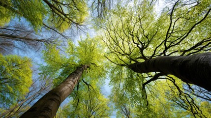 Fototapeta premium A forest with two trees towering over the rest of the trees. The sky is clear and blue, and the trees are lush and green