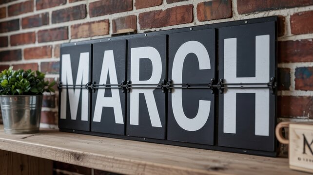 Retro style flip calendar displays the month of March against an exposed brick wall backdrop.