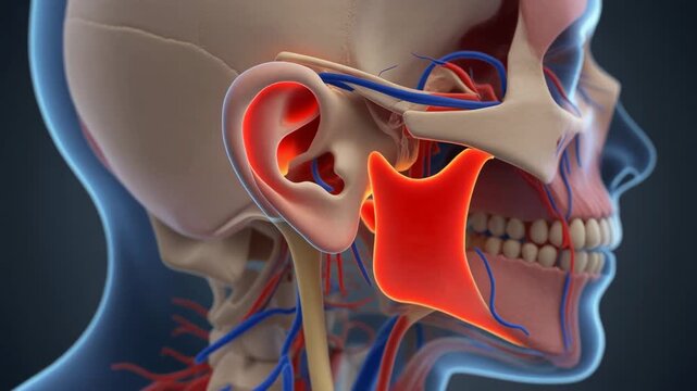 Detailed 3D medical animation showcasing the human skull anatomy with highlighted mandible bone and vascular system showing arteries and veins in a profile view
