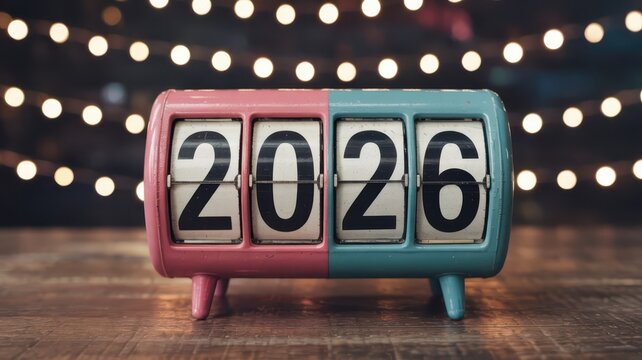 Retro flip clock displaying the year two thousand twenty six is set against a background of warm glowing lights