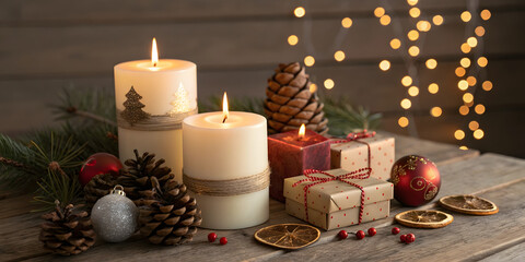 Merry Christmas festive candlelight scene , lit holiday candles, pinecones, ornaments, and evergreen branches. Cozy wooden surface adorned red berries, dried oranges, chrismas related background.