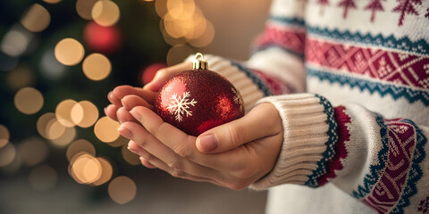 Merry Christmas, close-up of hands holding red ornament white snowflake design. Festive sweater, holiday patterns,  blurred warm lights in background evoke seasonal warmth, decoration. 