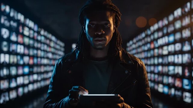 Man uses tablet by video wall. Rows of screen and monitor surround subject. Display thumbnail grid shows media and video. Focus on interaction with technology. Atmosphere feels immersive and focused.