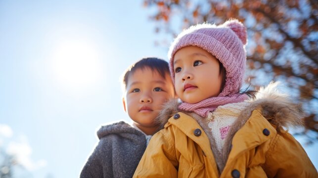 Two children stand outdoors on a bright sunny day dressed in warm winter coats and hats. They look happy and curious as they enjoy the crisp air and sunny rays. - Powered by Adobe