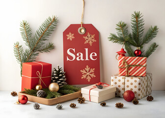 Merry Christmas holiday sale, banner, festive gift boxes, pine branches, ornaments,  red tag  gold snowflakes. Promotional seasonal setup,Ideal for marketing, advertising, and festive retail campaigns
