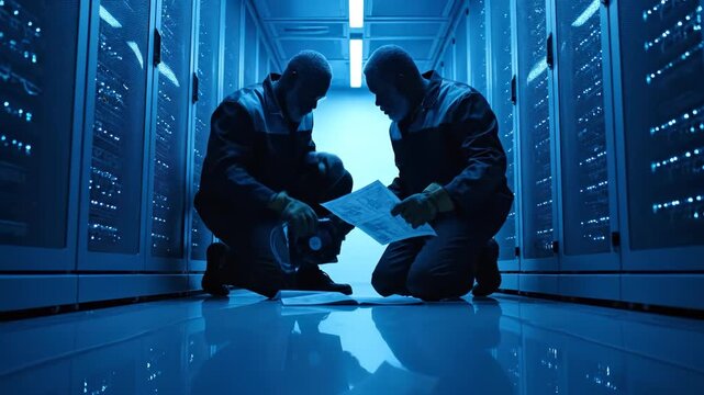 Technician fixes server cable in rack. Engineer examines network layout on paper. Both kneel between rows of server rack. Image shows maintenance and repair task in data center. Blue light fills bay.
