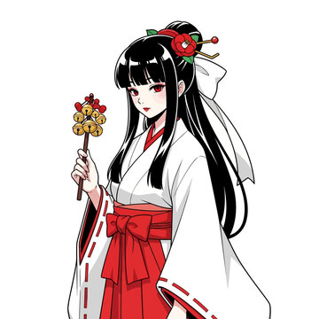 Elegant Shrine Maiden with Kagura Suzu Bells, a Stunning Japanese Cultural Icon for Anime Enthusiasts and Manga Lovers, Evoking Tradition and Beauty