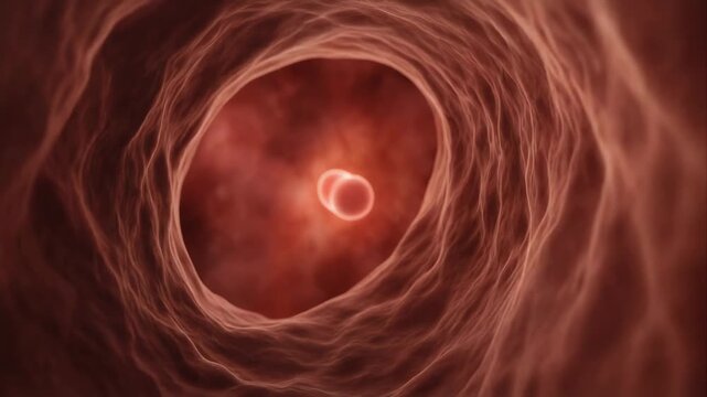 Microscopic view of a dividing cell, a biological process of reproduction and growth at the cellular level, illustrating early embryo development and cell division.