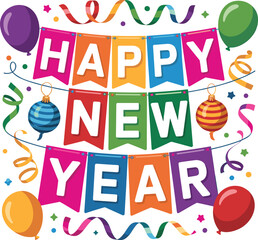 Colorful New Year Celebration Banner With Balloons And Confetti