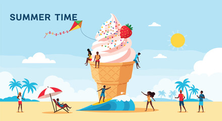 Summer time illustration with people enjoying ice cream, kite flying, and beach activities.